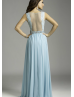 Beaded Sky Blue Lace Chiffon Sheer Back Maxi Prom Dress